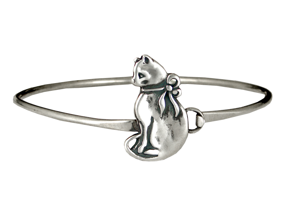 Sterling Silver Kitty Cat With Pretty Bow Strap Latch Spring Hook Bangle Bracelet