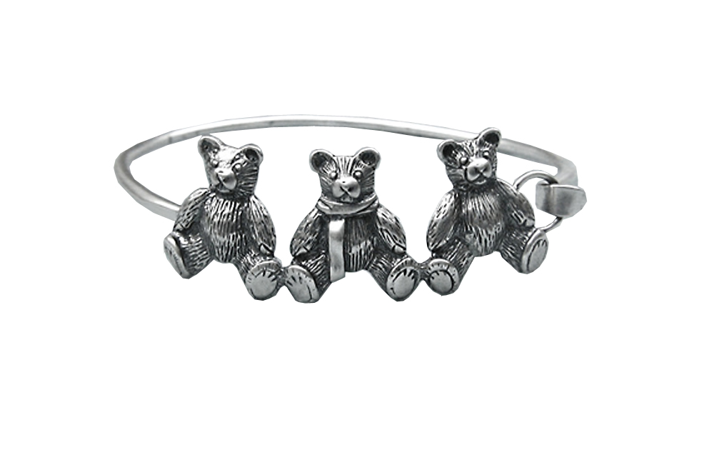 Sterling Silver Three Little Teddy Bears in a Row Strap Latch Spring Hook Bangle Bracelet