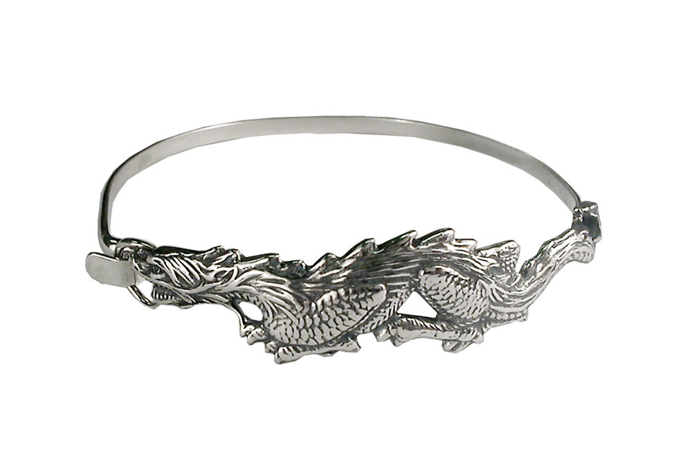 Sterling Silver Comfortable Strap Latch Spring Hook Bangle Bracelet With Marvelous Dragon