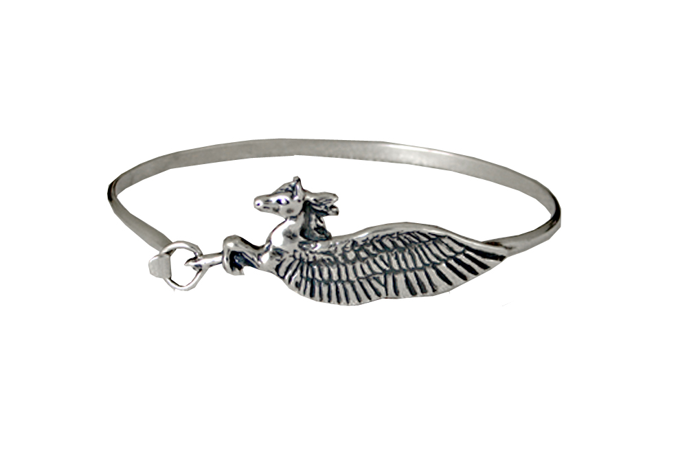 Sterling Silver Winged Horse Pegasus Comfortable Strap Latch Spring Hook Bangle Bracelet