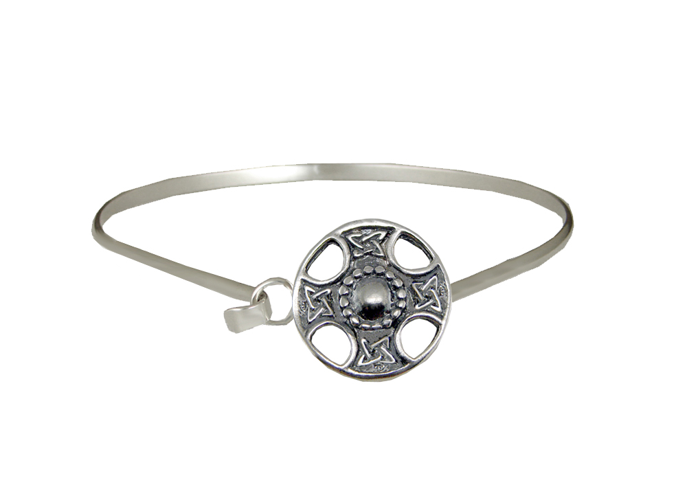 Sterling Silver Celtic Solar Cross Strap Latch Spring Hook Bangle Bracelet With