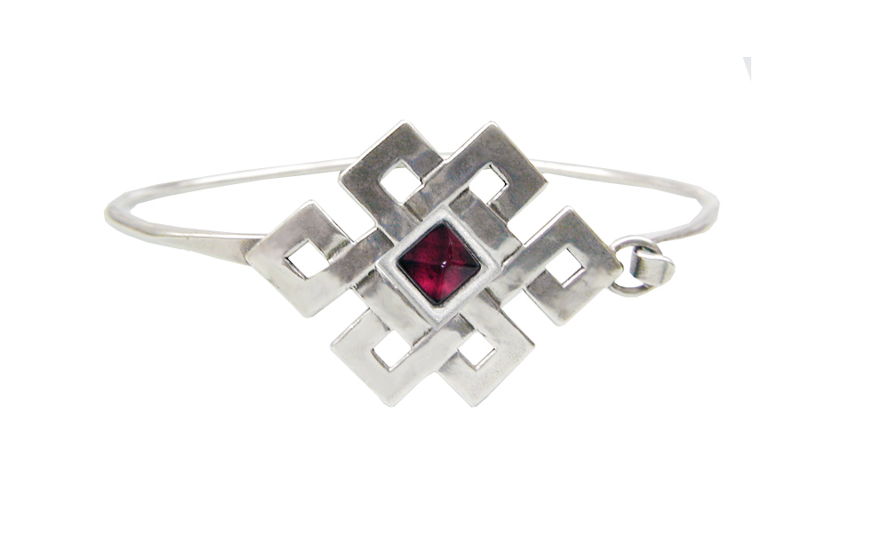 Sterling Silver Knotwork Strap Latch Spring Hook Bangle Bracelet With Square Cut Garnet