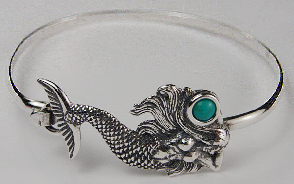 Sterling Silver Mermaid Strap Latch Spring Hook Bangle Bracelet With Turquoise