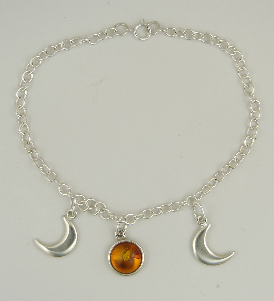 Sterling Silver Moon Phases Charm Bracelet With Amber