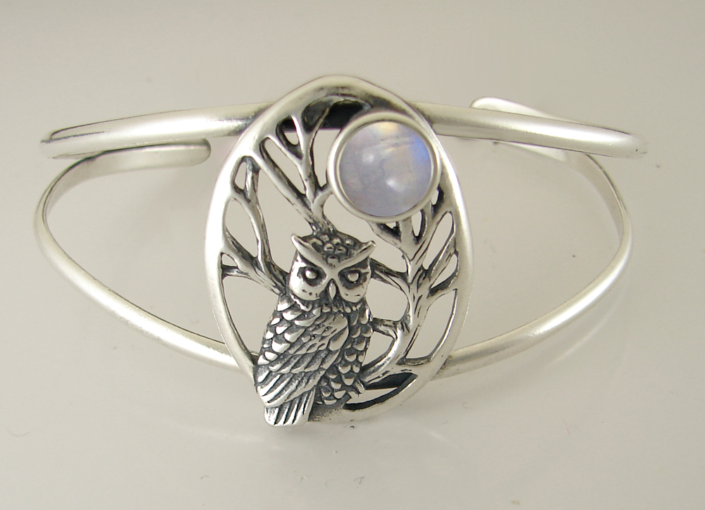 Sterling Silver Owl of the Dark Night Cuff Bracelet with Rainbow Moonstone