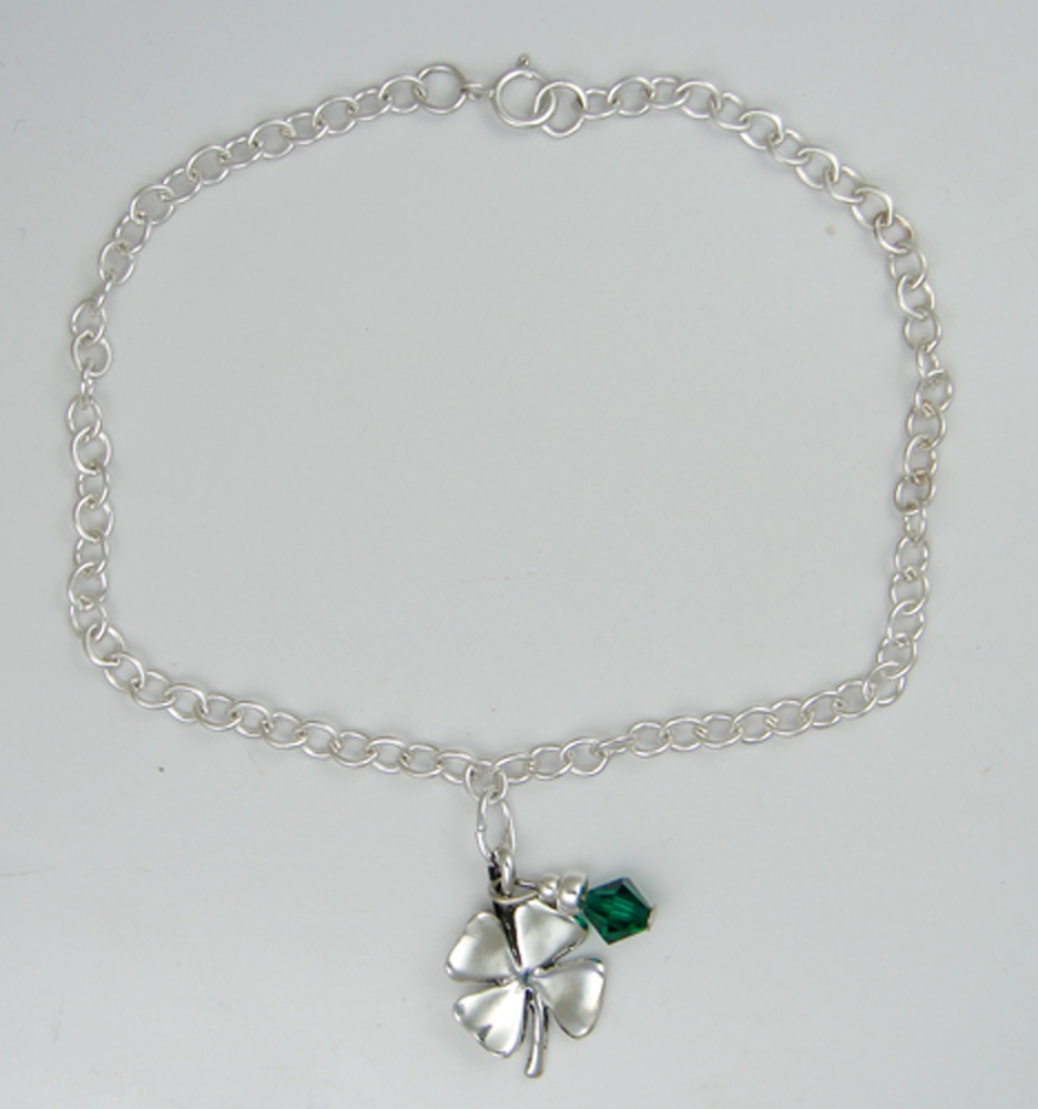Sterling Silver Little Four Leaf Clover Charm Bracelet With Crystal
