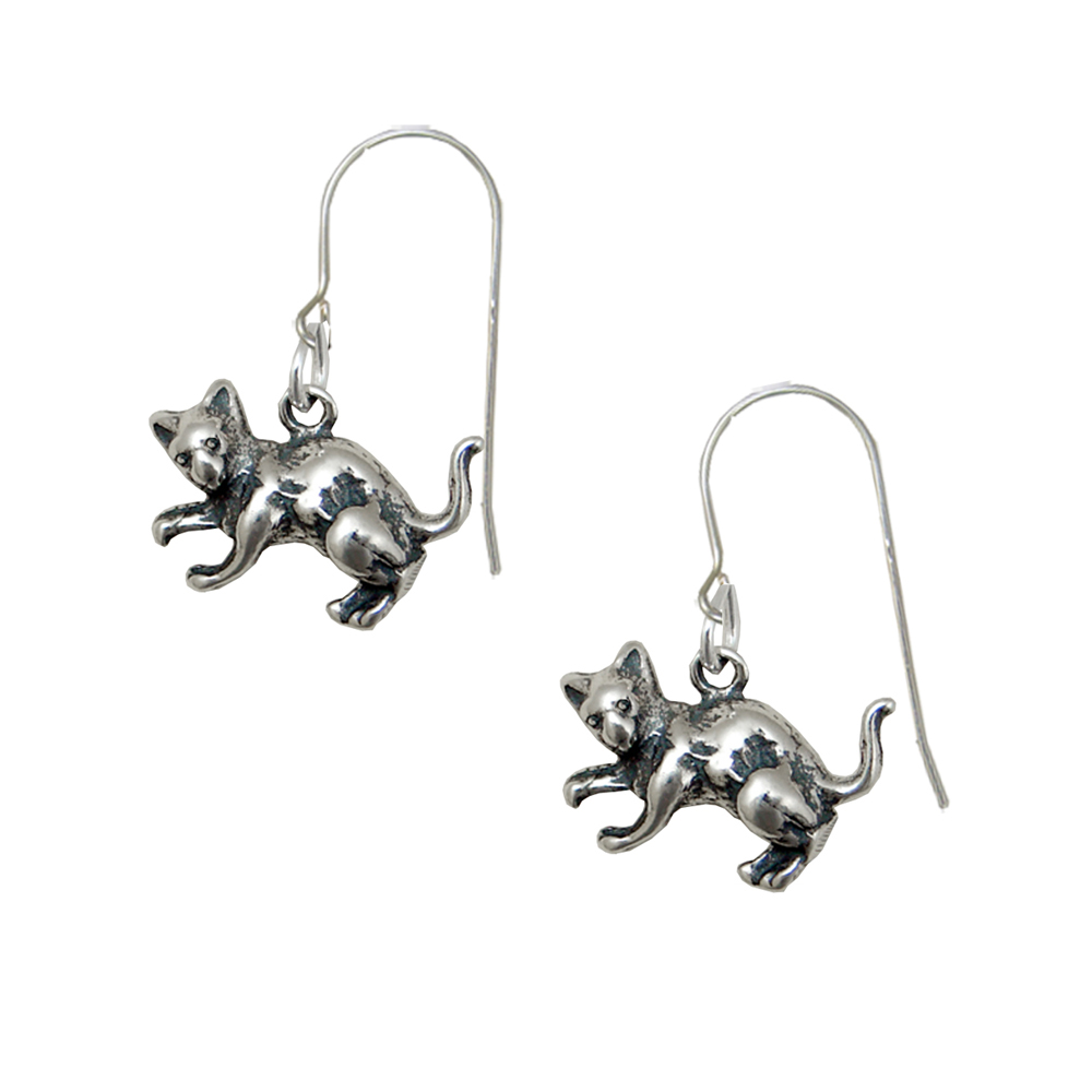 Sterling Silver Playful Kitty Drop Dangle Earrings