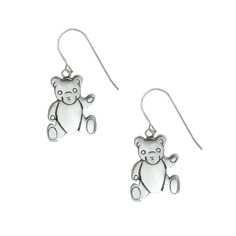 Sterling Silver Small Cute Sitting Hello Teddy Bear Drop Dangle Earrings