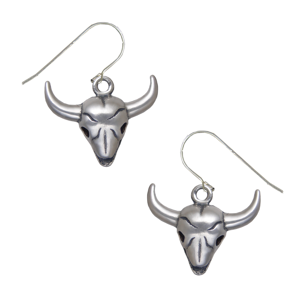 Sterling Silver Southwest Steer Cow Skull Drop Dangle Earrings