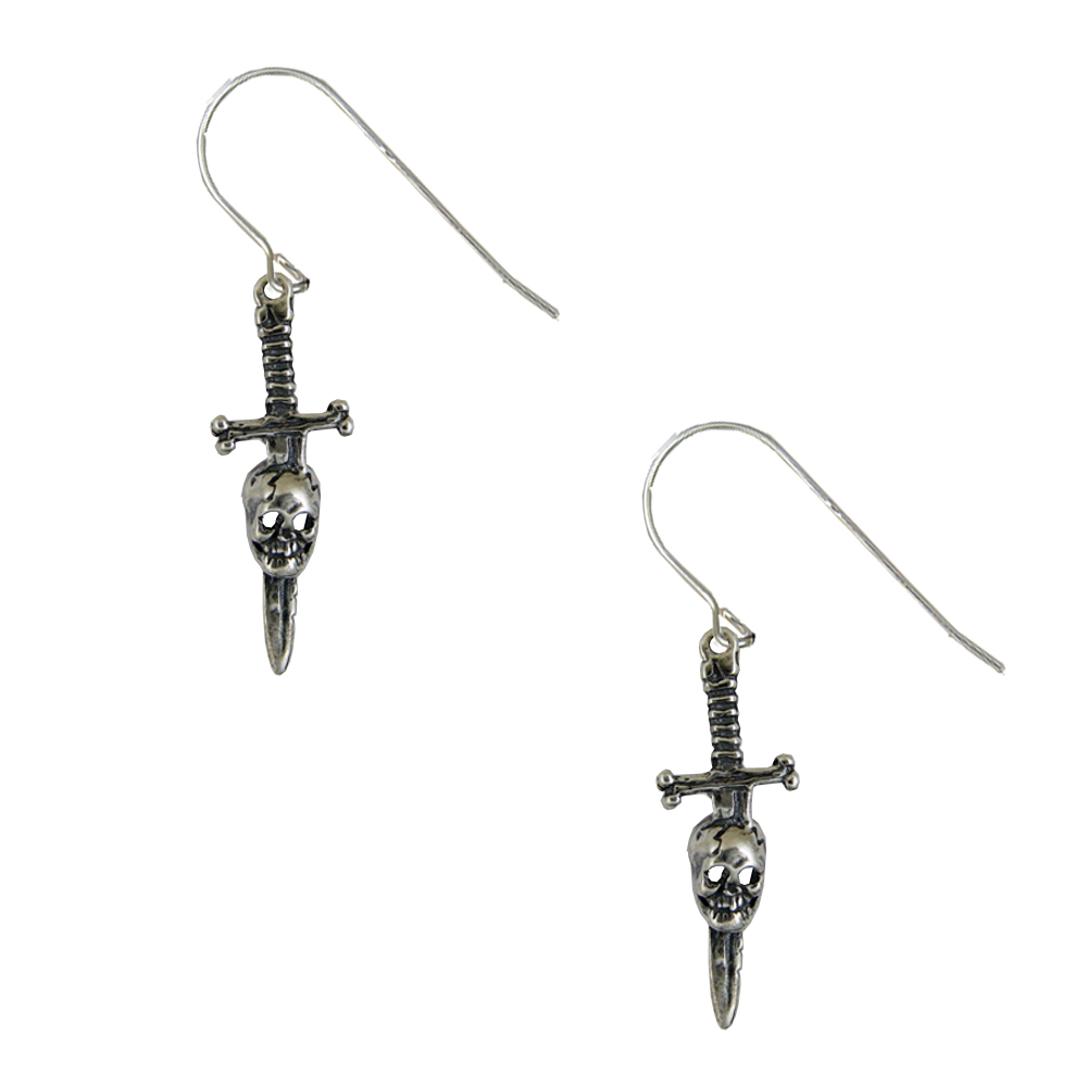 Sterling Silver Unusual Knife Dagger And Skull Drop Dangle Earrings