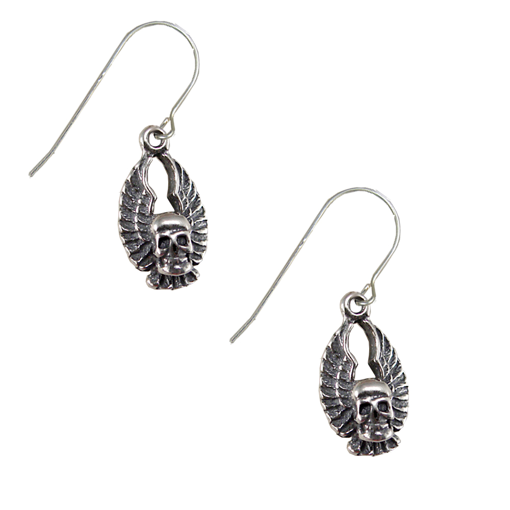 Sterling Silver Biker Winged Skull Drop Dangle Earrings