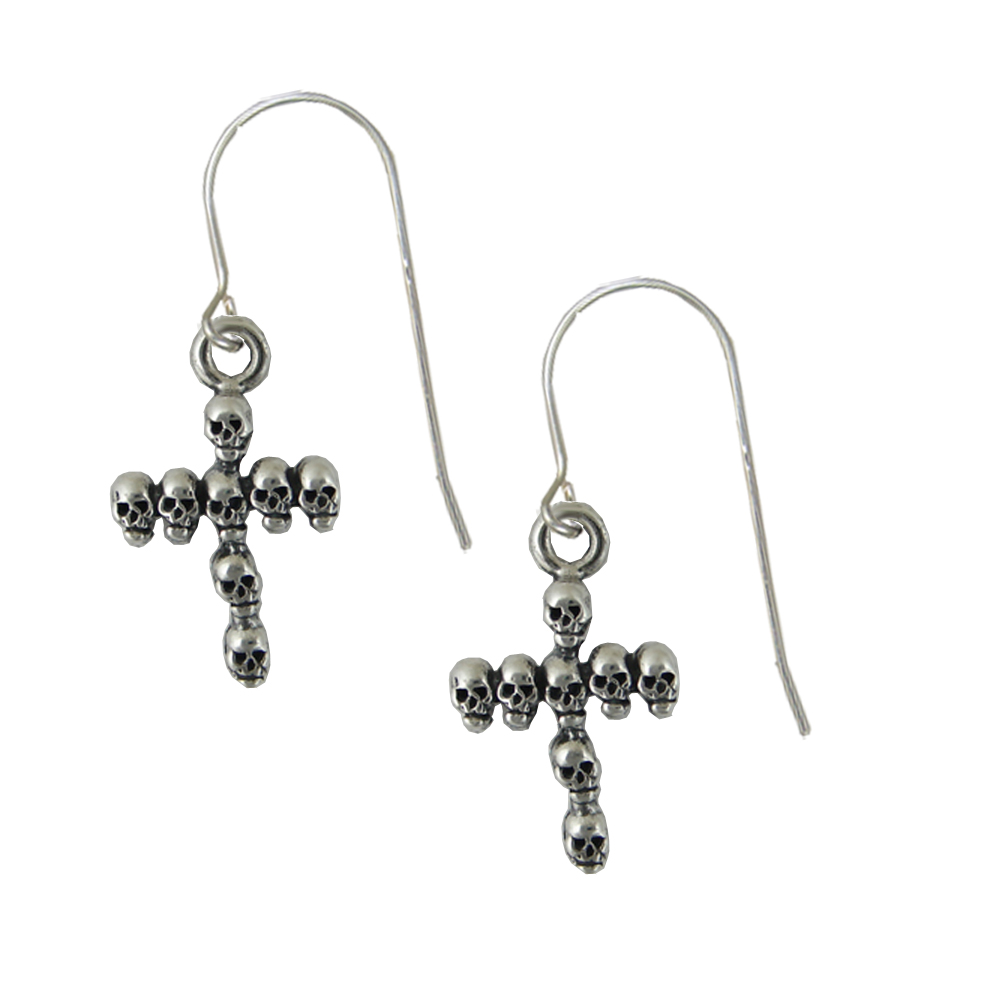 Sterling Silver Cross Of Skeleton Skulls Drop Dangle Earrings