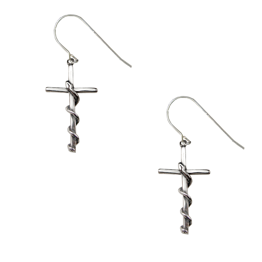 Sterling Silver Snake On Cross Drop Dangle Earrings