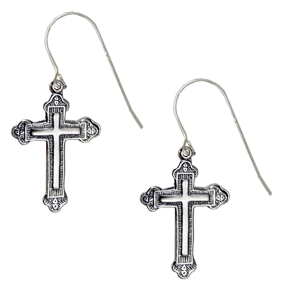 Sterling Silver Detailed Cross Drop Dangle Earrings