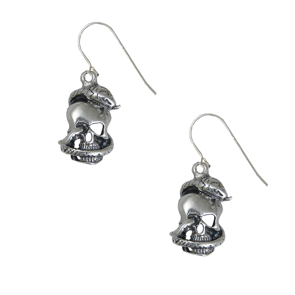 Sterling Silver Skull And Snake Drop Dangle Earrings