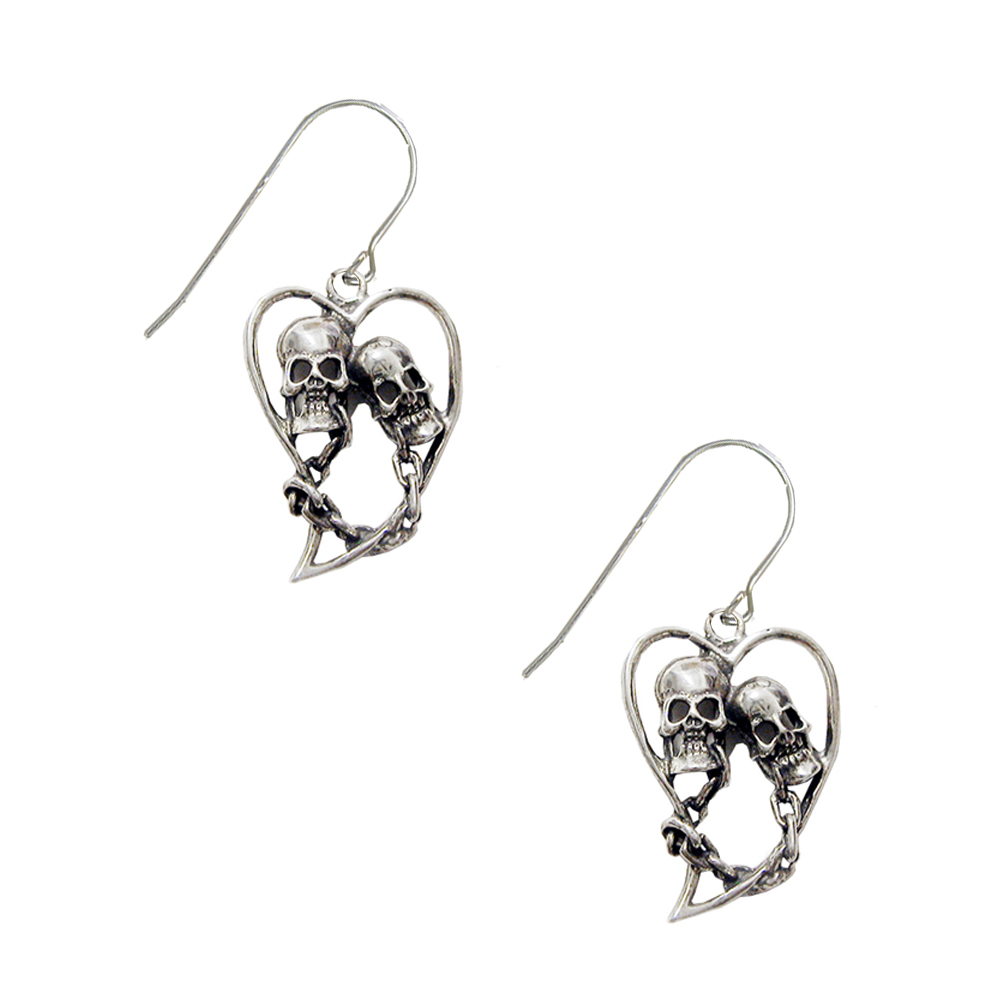 Sterling Silver Love Never Dies Skulls Heart Drop Dangle Earrings