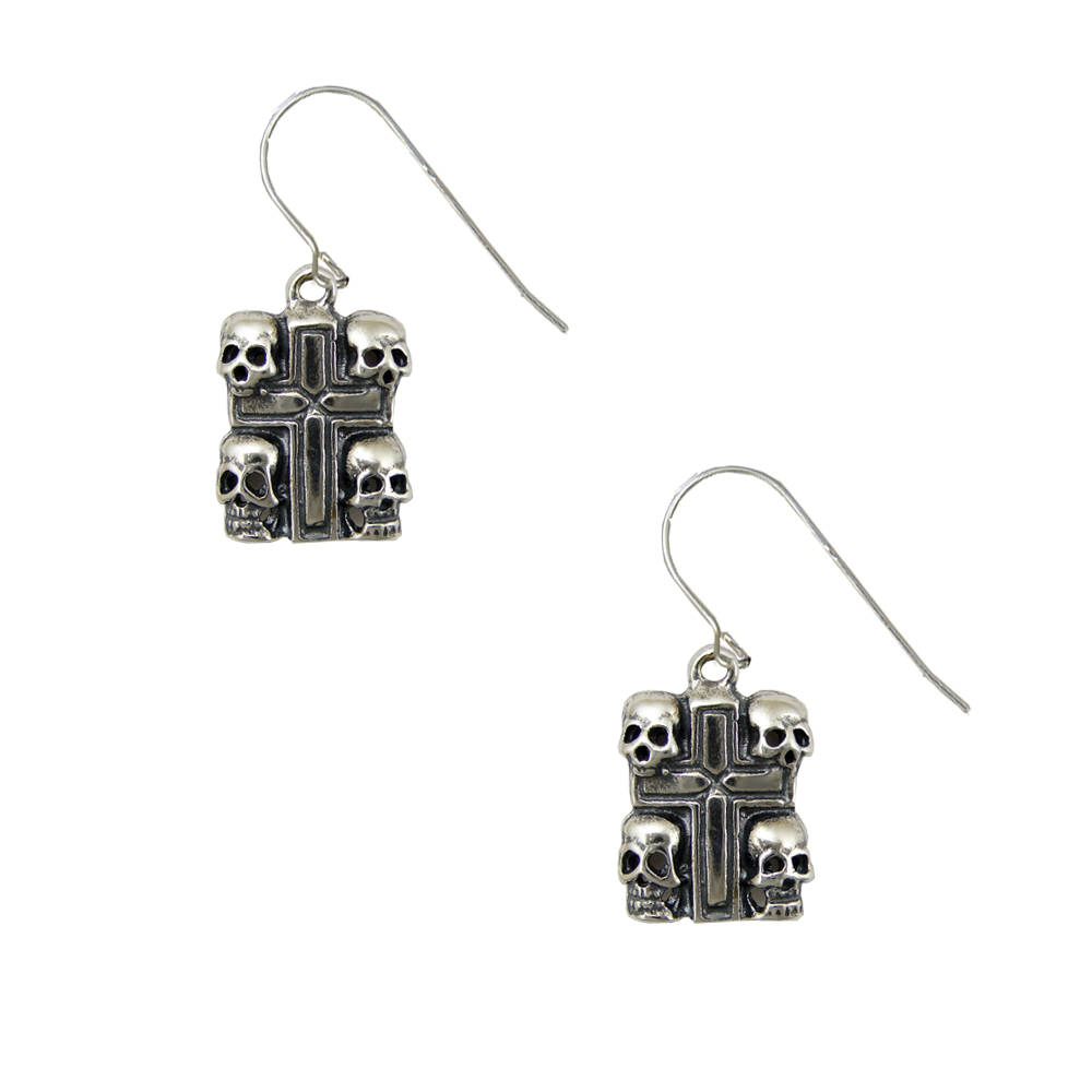 Sterling Silver Skull Cross Drop Dangle Earrings