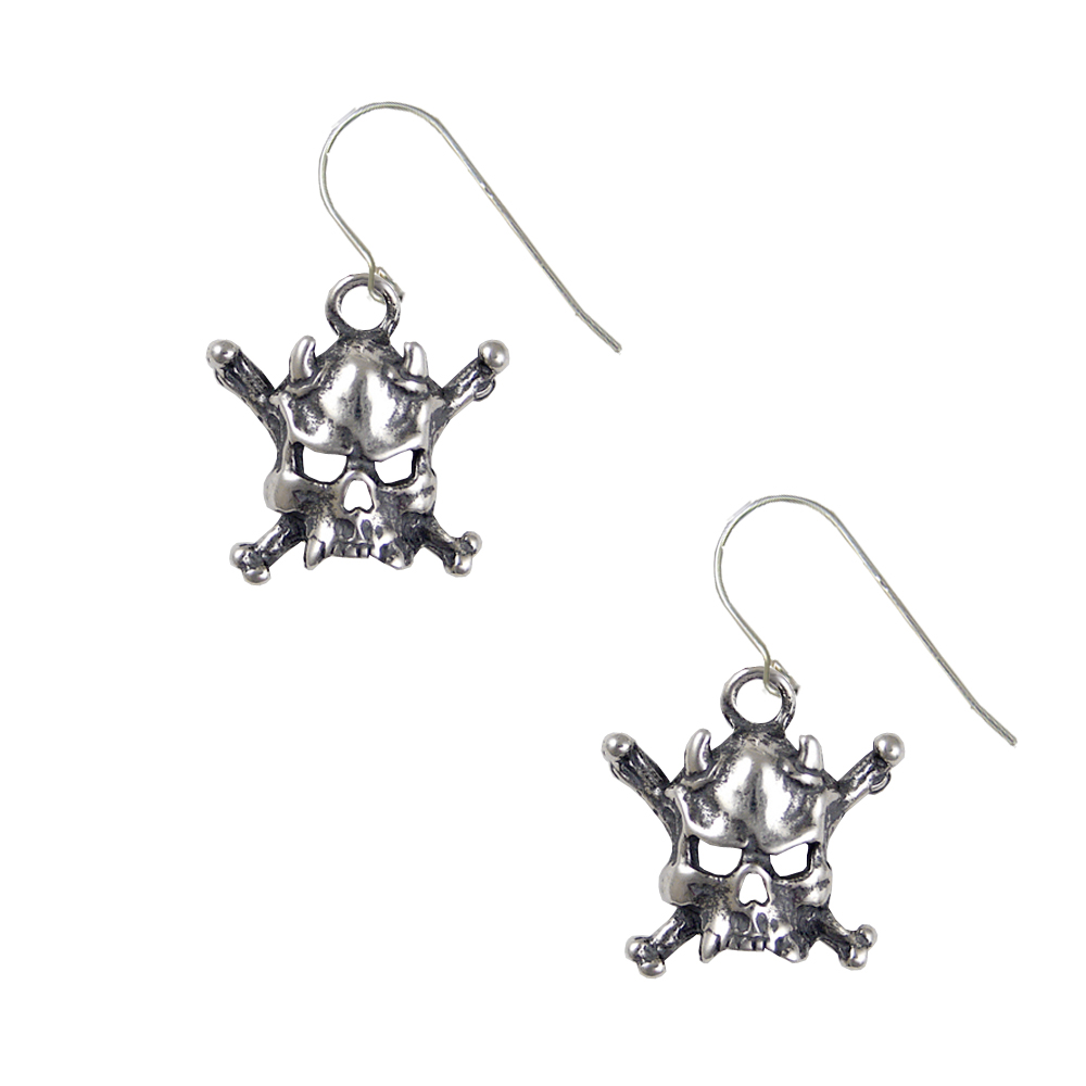 Sterling Silver Pirates Jolly Roger Horned Skull Crossbones Drop Dangle Earrings