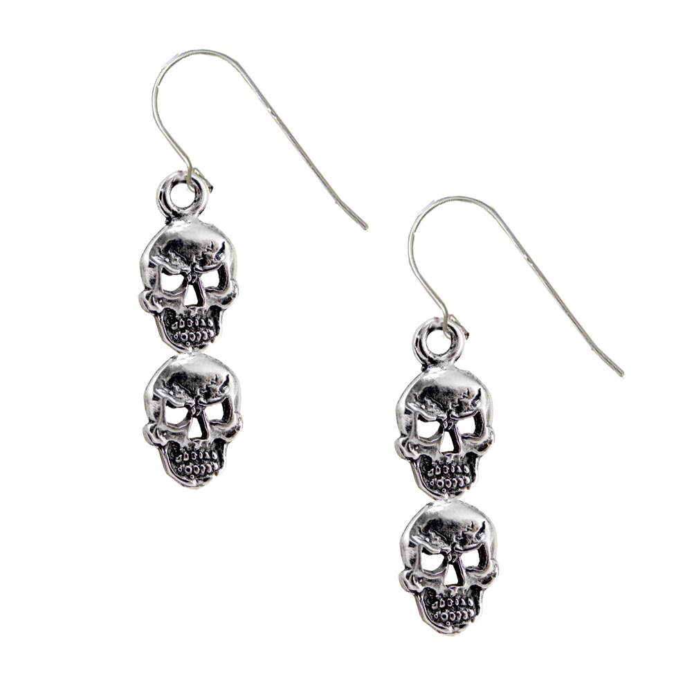 Sterling Silver Double Skull Drop Dangle Earrings