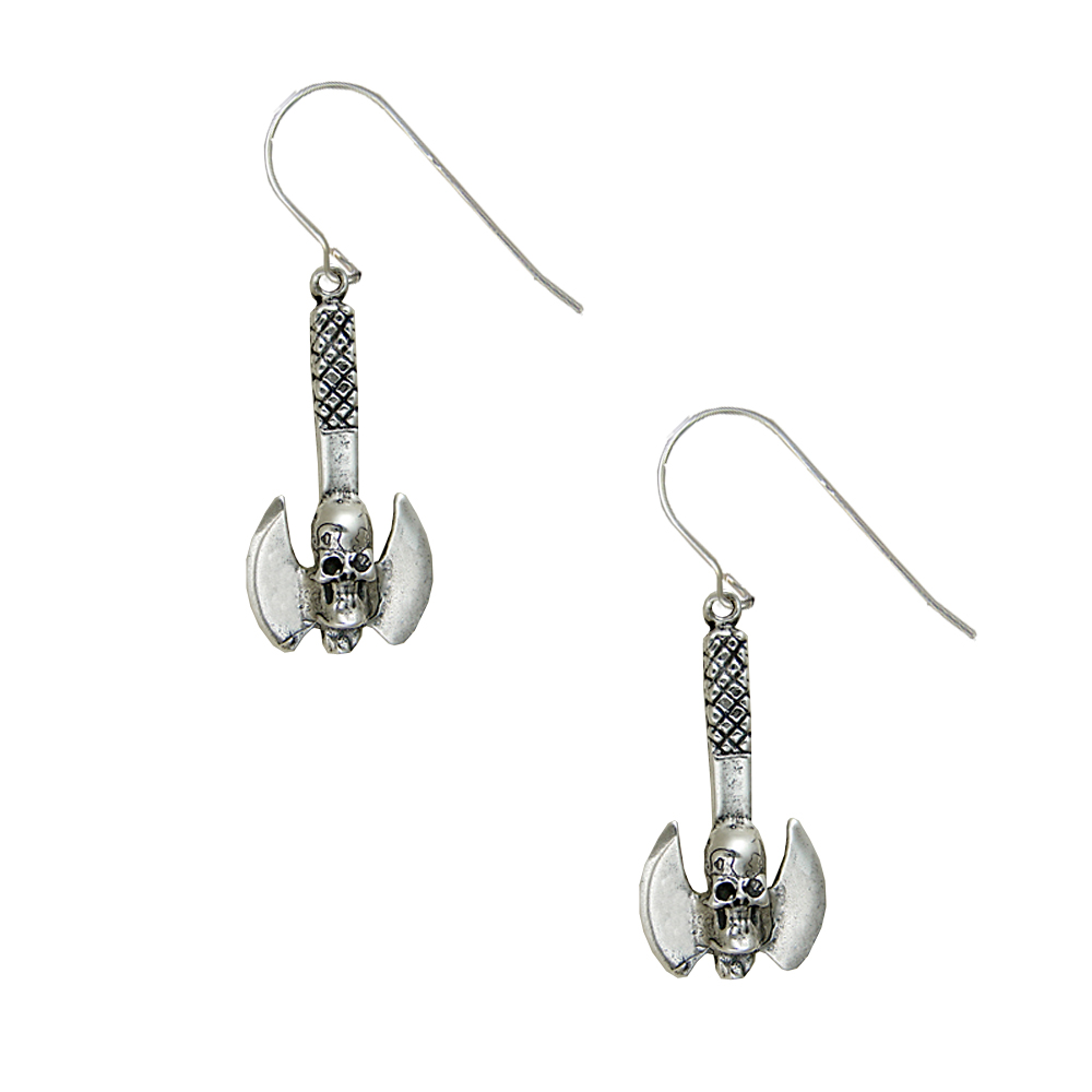 Sterling Silver Skull Battle Axe Drop Dangle Earrings