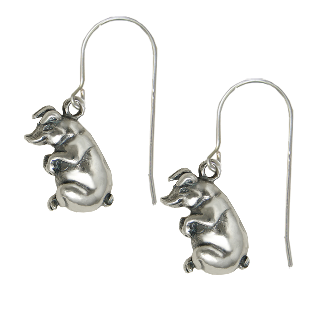 Sterling Silver Little Pig Hog Drop Dangle Earrings