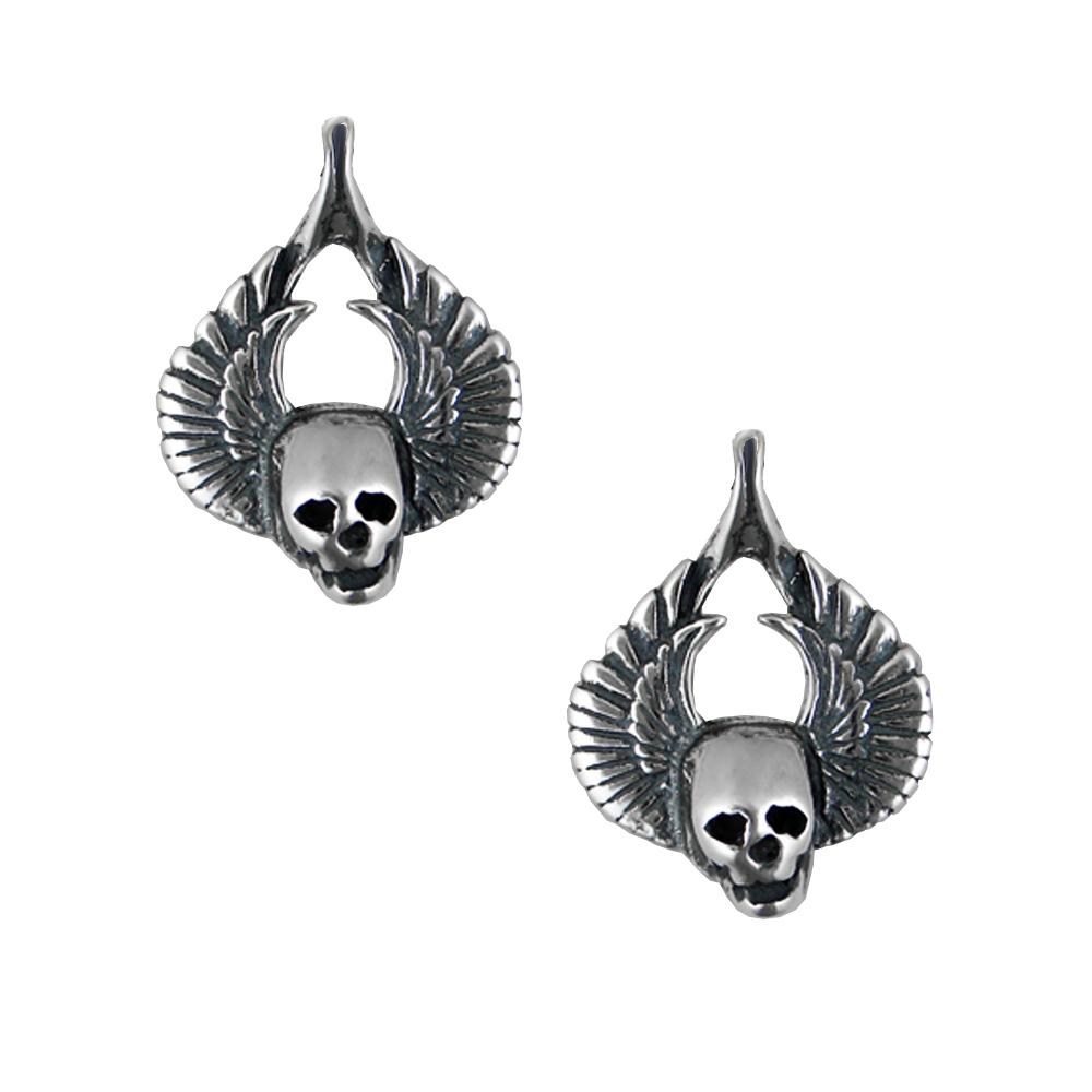 Sterling Silver Striking Winged Skulls Post Stud Earrings