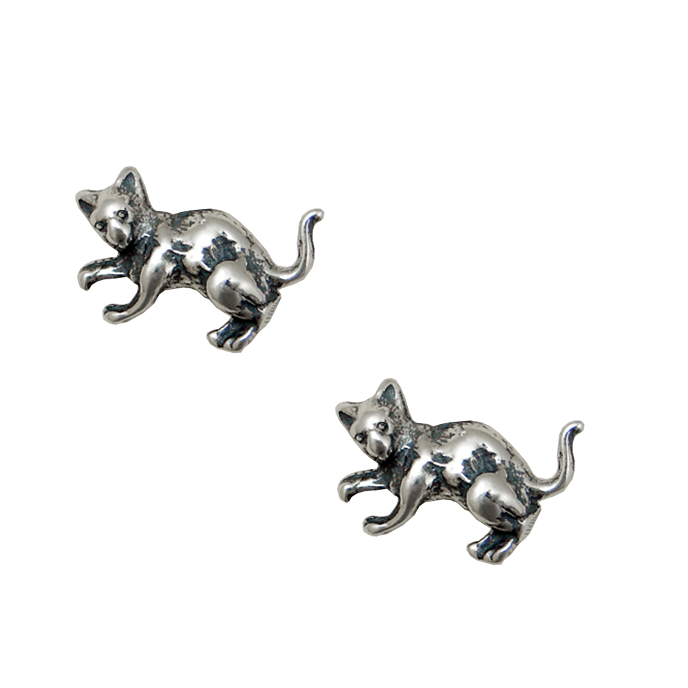 Sterling Silver Playing Cat Post Stud Earrings