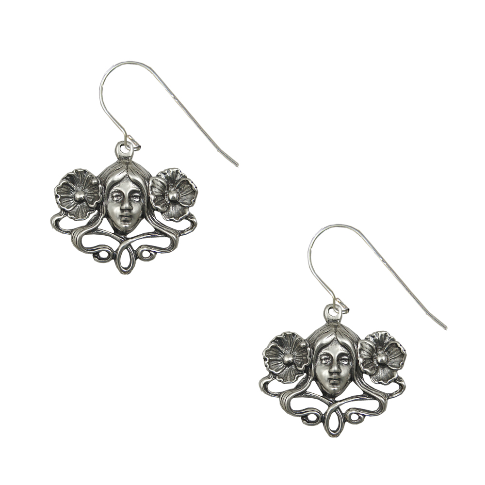 Sterling Silver Woman With Flowers Drop Dangle Earrings