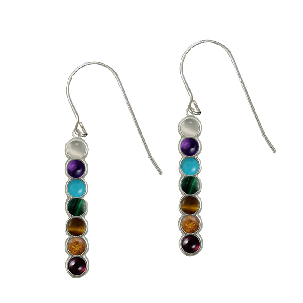 Sterling Silver Chakra Drop Dangle Earrings With Gemstones