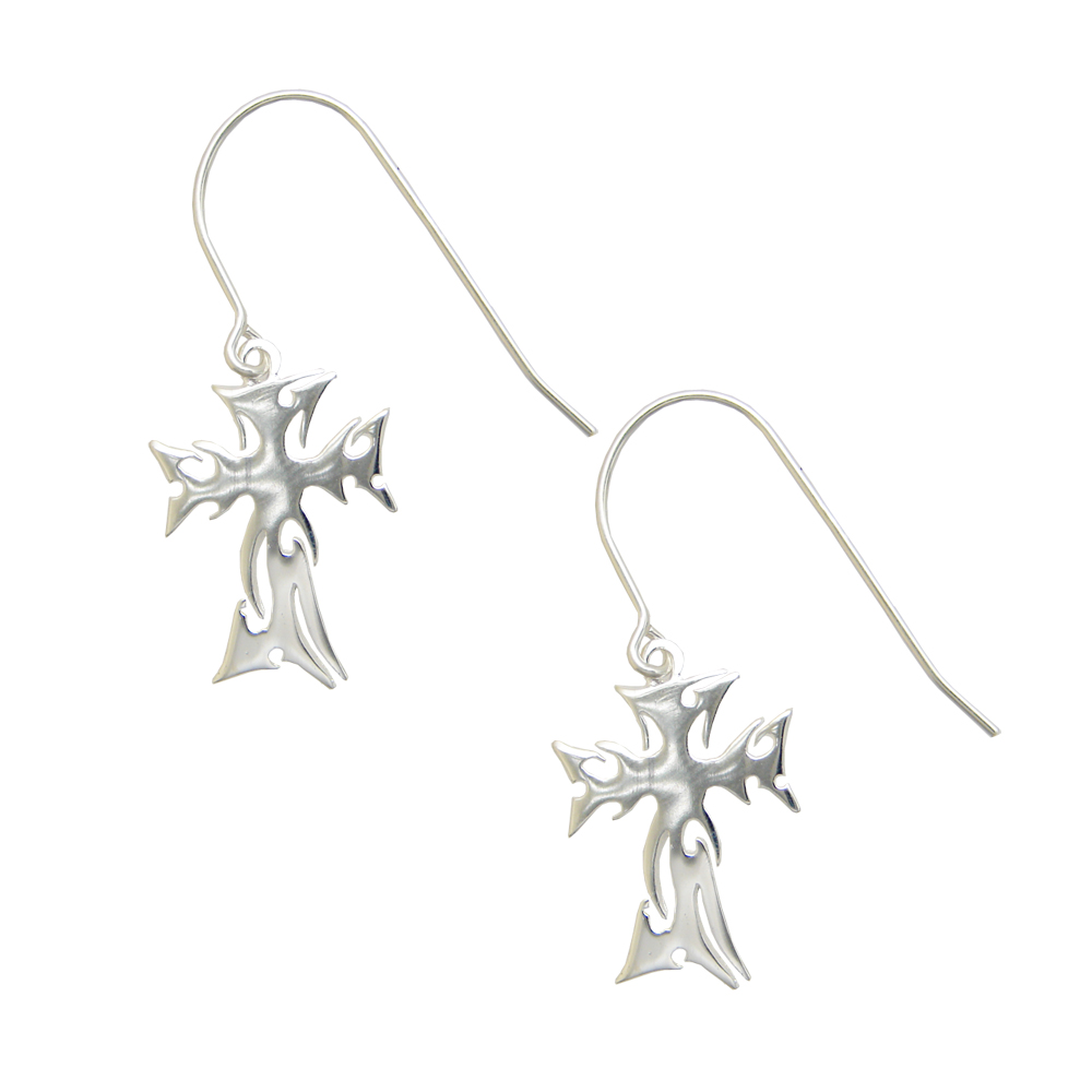 Sterling Silver Cross Tribal Style Drop Dangle Earrings