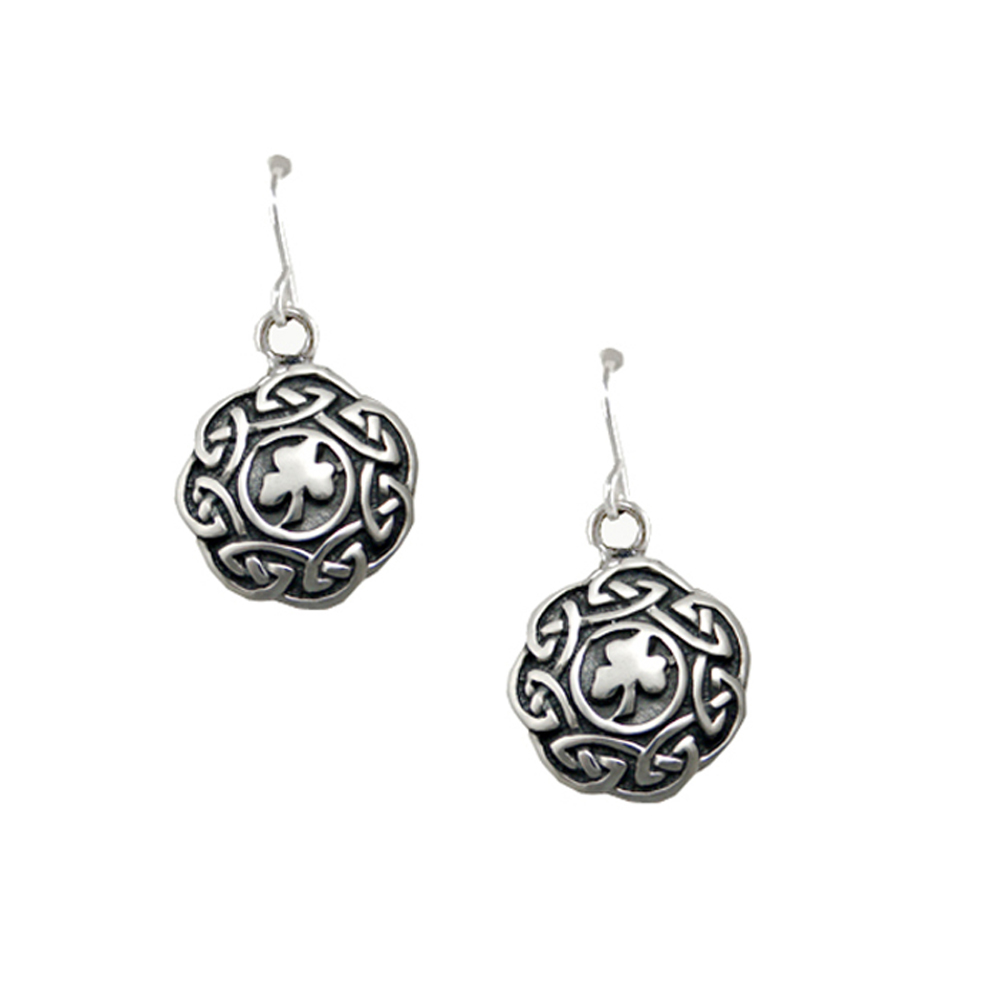 Sterling Silver Little Shamrock With Celtic Knotwork Border Drop Dangle Earrings