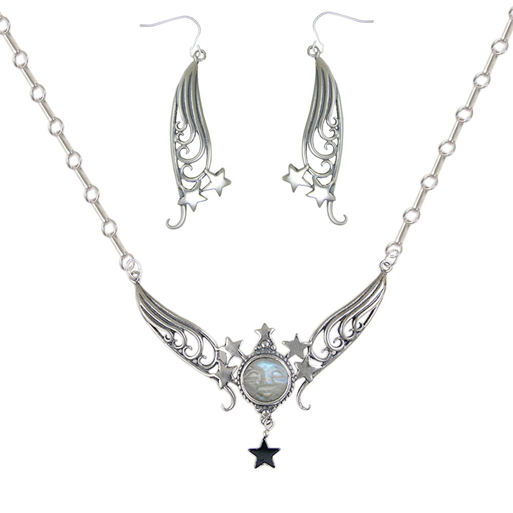 Sterling Silver Moon Necklace Earrings Set With Rainbow Moonstone