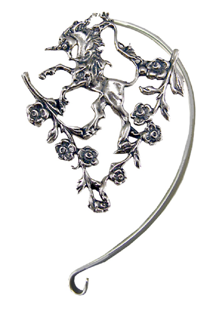 Sterling Silver Left Only Unicorn With Flower Branches Ear Cuff Wrap