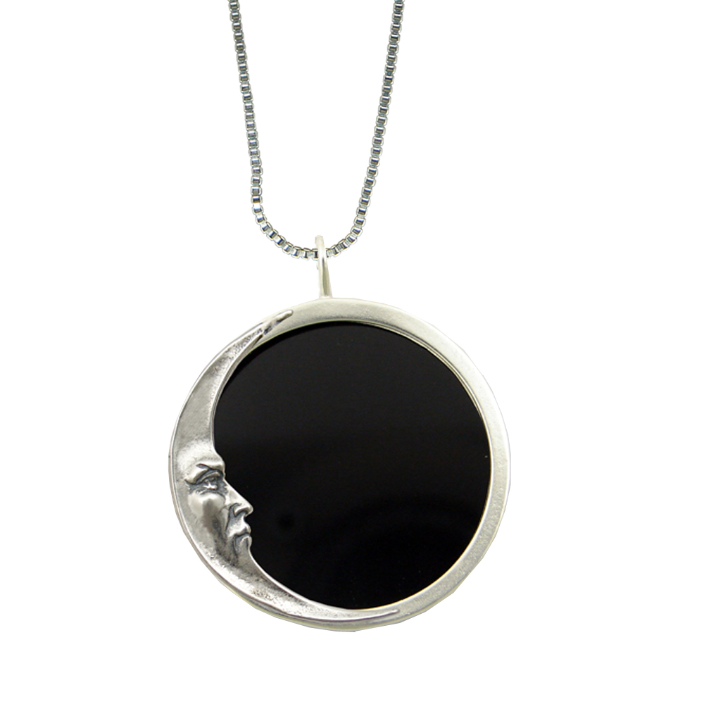 Sterling Silver Black Onyx Pendant Necklace With Mystical Moon