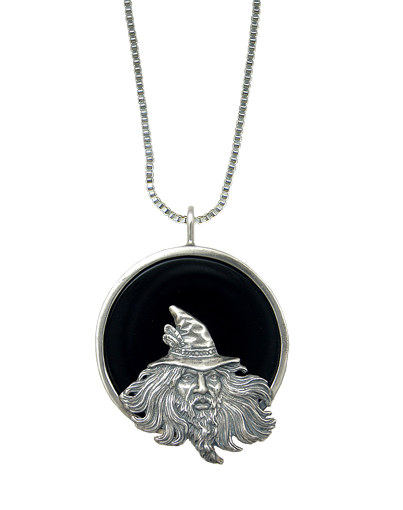 Sterling Silver Black Onyx Disc Wise Wizard Pendant Necklace