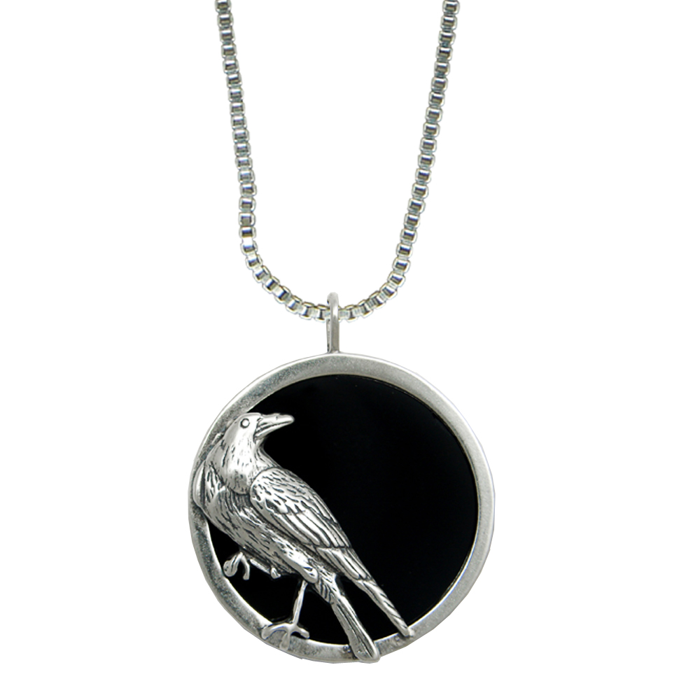 Sterling Silver Black Onyx Disc Pendant Necklace With The Raven