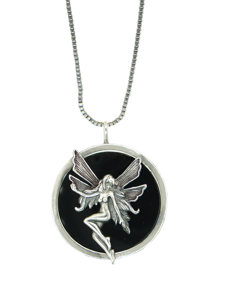 Sterling Silver Black Onyx Disc Dancing Fairy Pendant Necklace