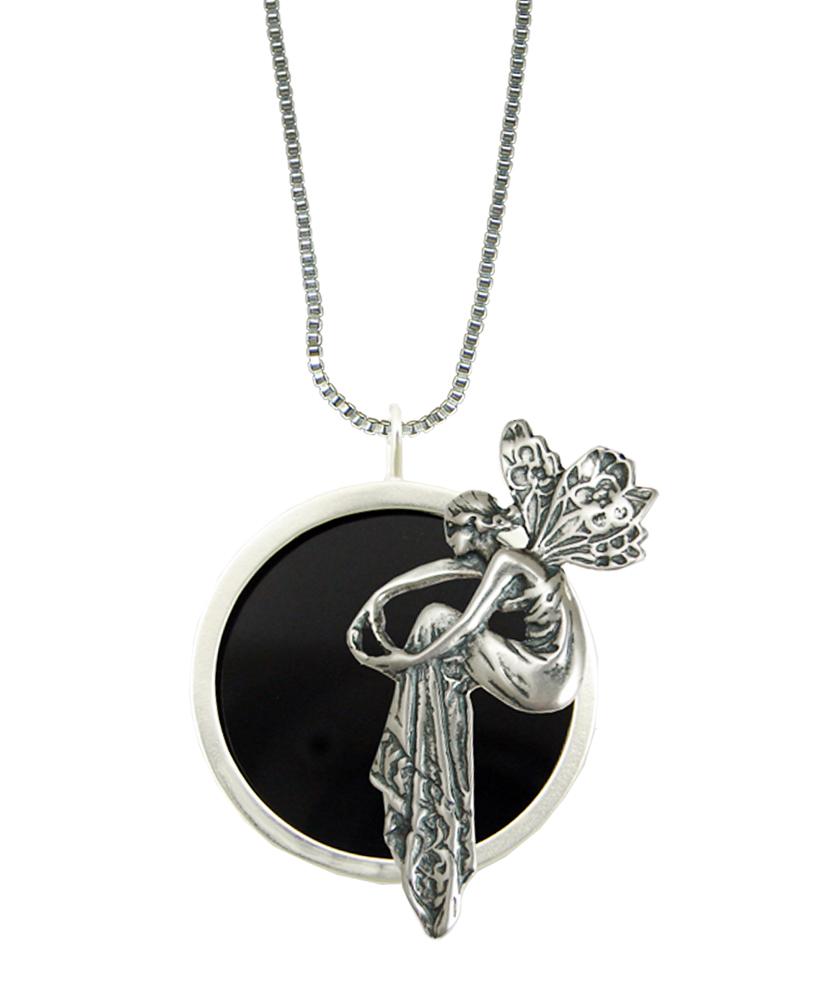 Sterling Silver Black Onyx Disc Victorian Fairy Pendant Necklace