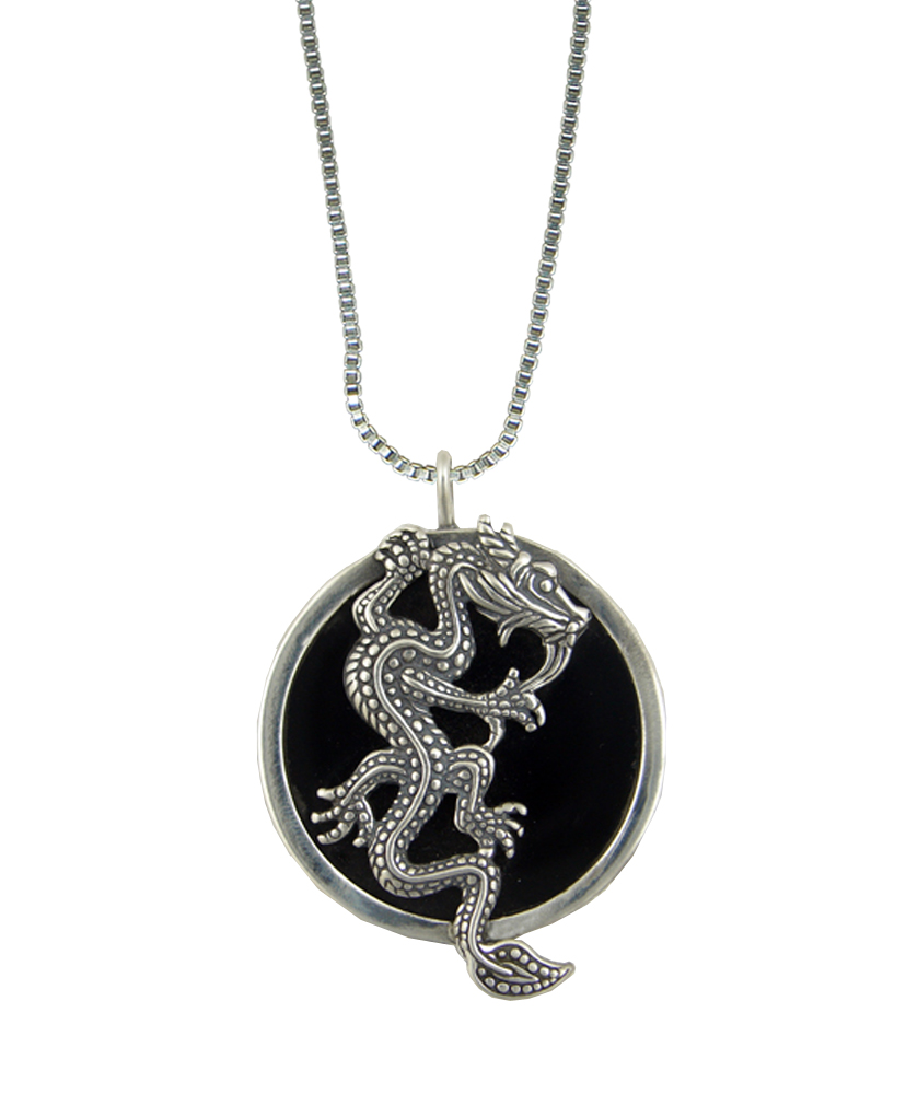 Sterling Silver Black Onyx Disc Dragon Pendant Necklace
