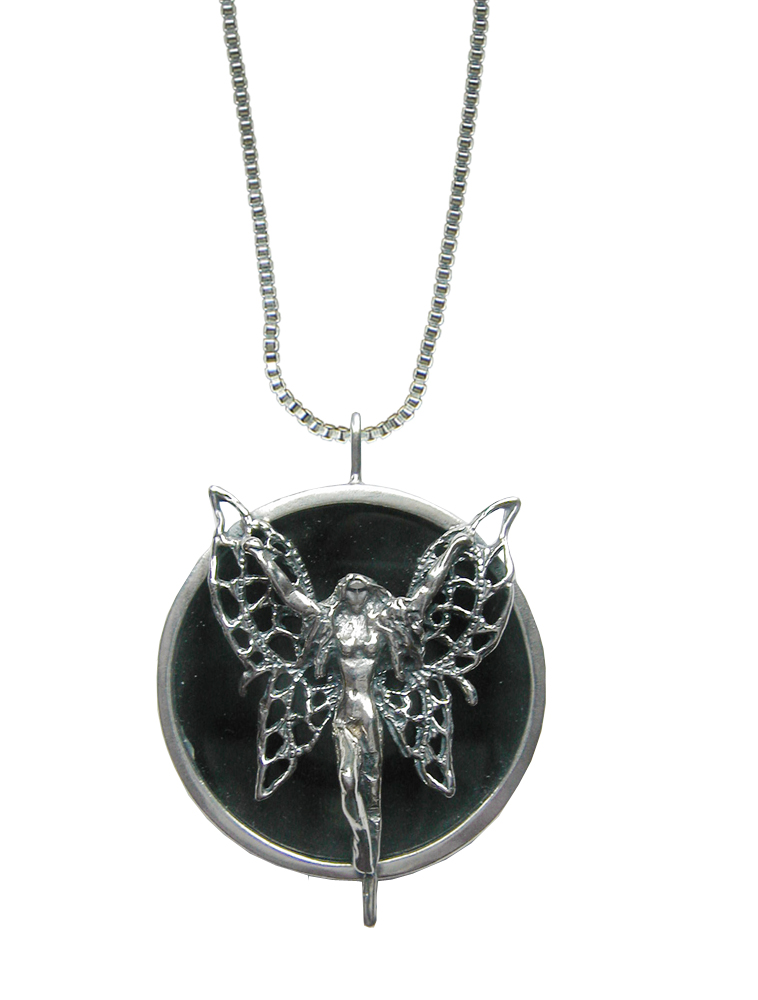 Sterling Silver Black Onyx Disc Delightful Fairy Pendant Necklace