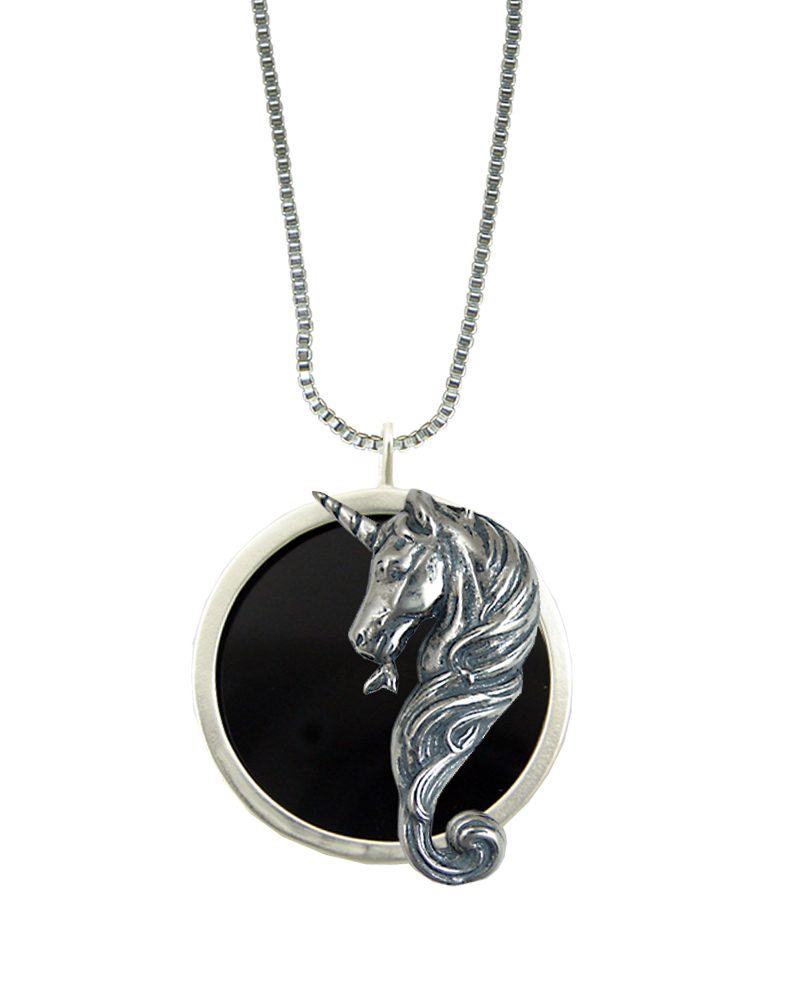 Sterling Silver Black Onyx Disc Unicorn Pendant Necklace