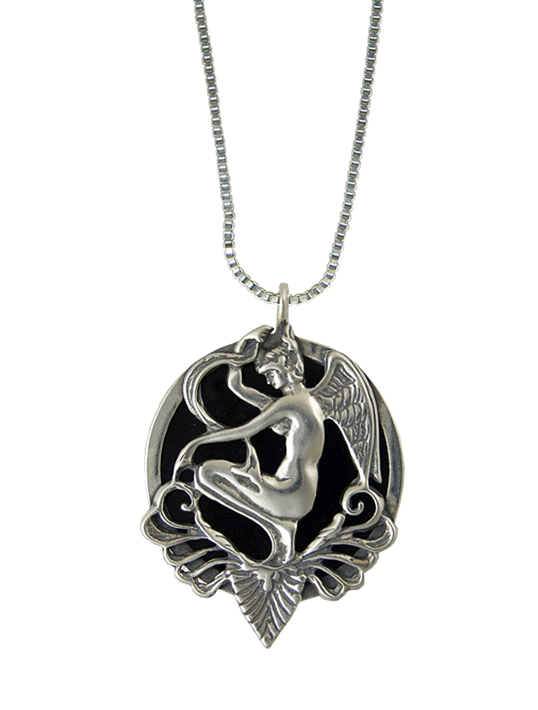 Sterling Silver Black Onyx Disc Angel Pendant Necklace