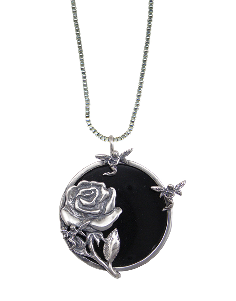 Sterling Silver Rose With Fairies Pendant Necklace With Black Onyx