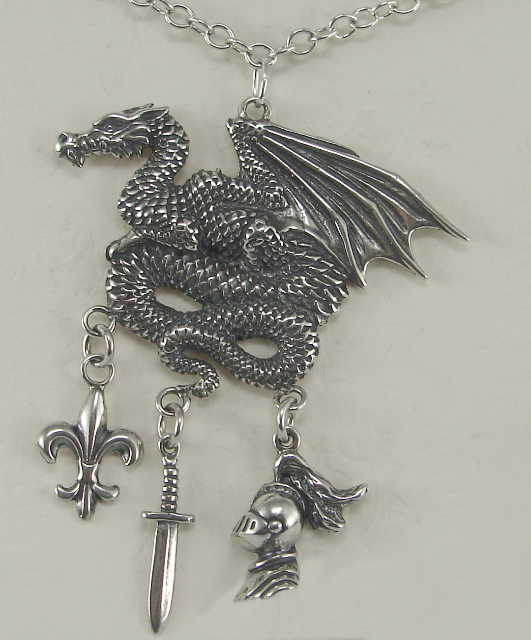 Sterling Silver Dragon Charm Holder Pendant Necklace With Fleur de Lis, Knight's Helmet And Sword Charms
