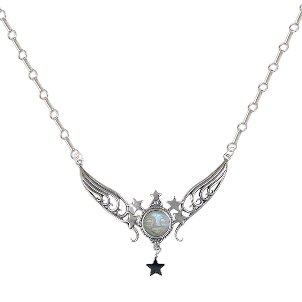 Sterling Silver Necklace With Carved Rainbow Moonstone