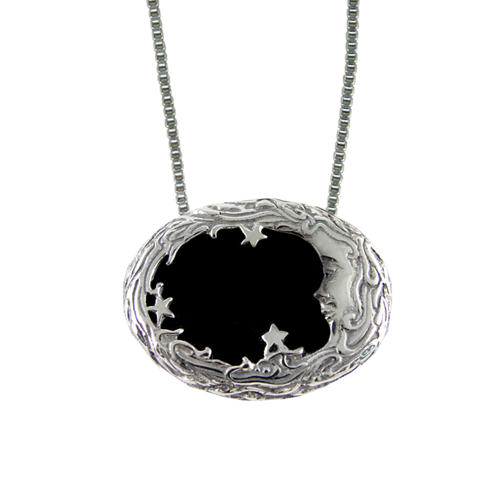 Sterling Silver Moon And Stars Pendant Necklace With Black Onyx