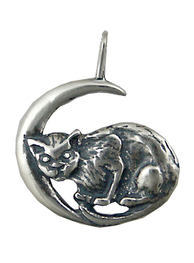 Sterling Silver Celestial Cat On Crescent Moon Pendant