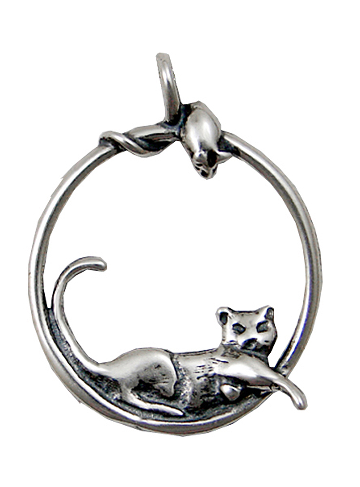 Sterling Silver Round Lazy Cat And an Inquisitive Mouse Charm