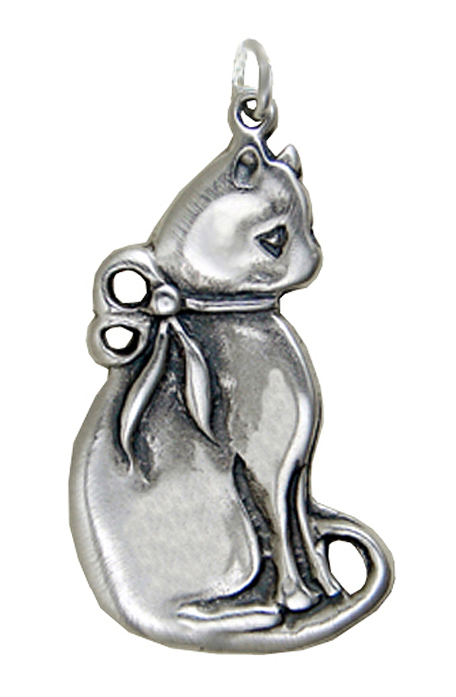 Sterling Silver Kitty Cat With Pretty Bow Charm