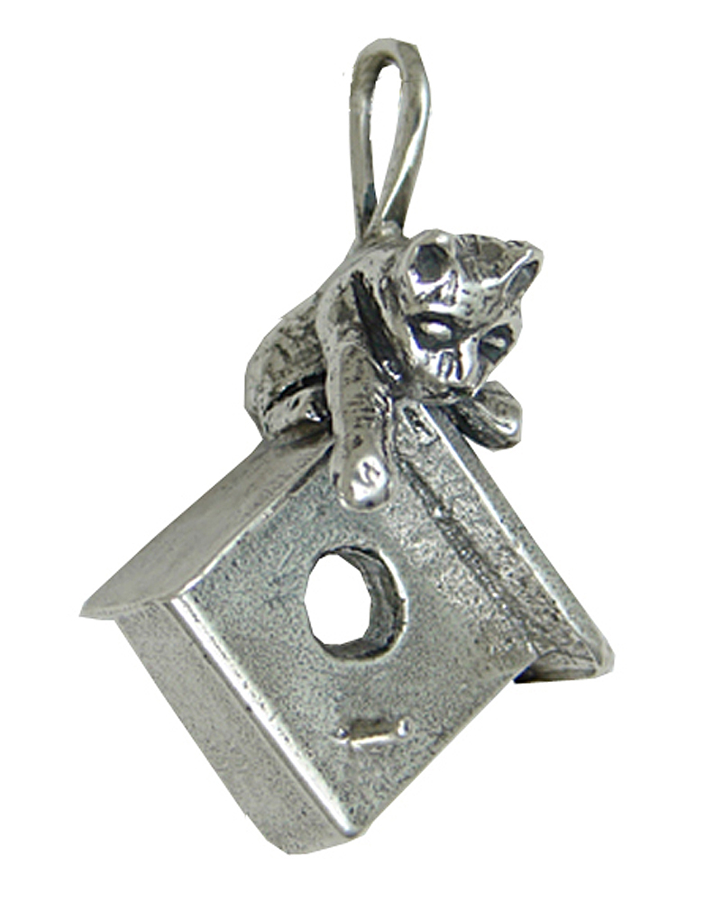 Sterling Silver Determined Kitty on a Birdhouse Pendant